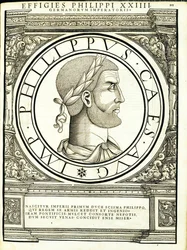 Philippus, Illustration aus Imperatorum romanorum omnium orientalium et occidentalium verissimae imagines ex antiquis numismatis, Holzschnitt von Rudolph Wyssenbach, gedruckt von Andreas Gesner, Zürich, 1559